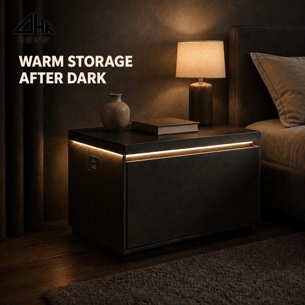 Rounded-edge nightstand with soft-close drawer